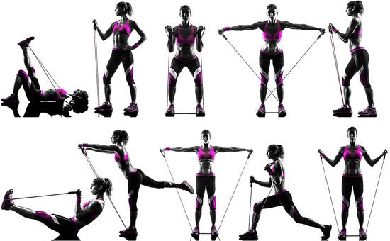 Rebblo - Kit d'entraînement à domicile – 10 pièces – Bandes de résistance – Bandes pour les chevilles – Poignées – Ancrage de porte – Kit de fitness avec sac de rangement inclus - 2/3/4/5/6 kg