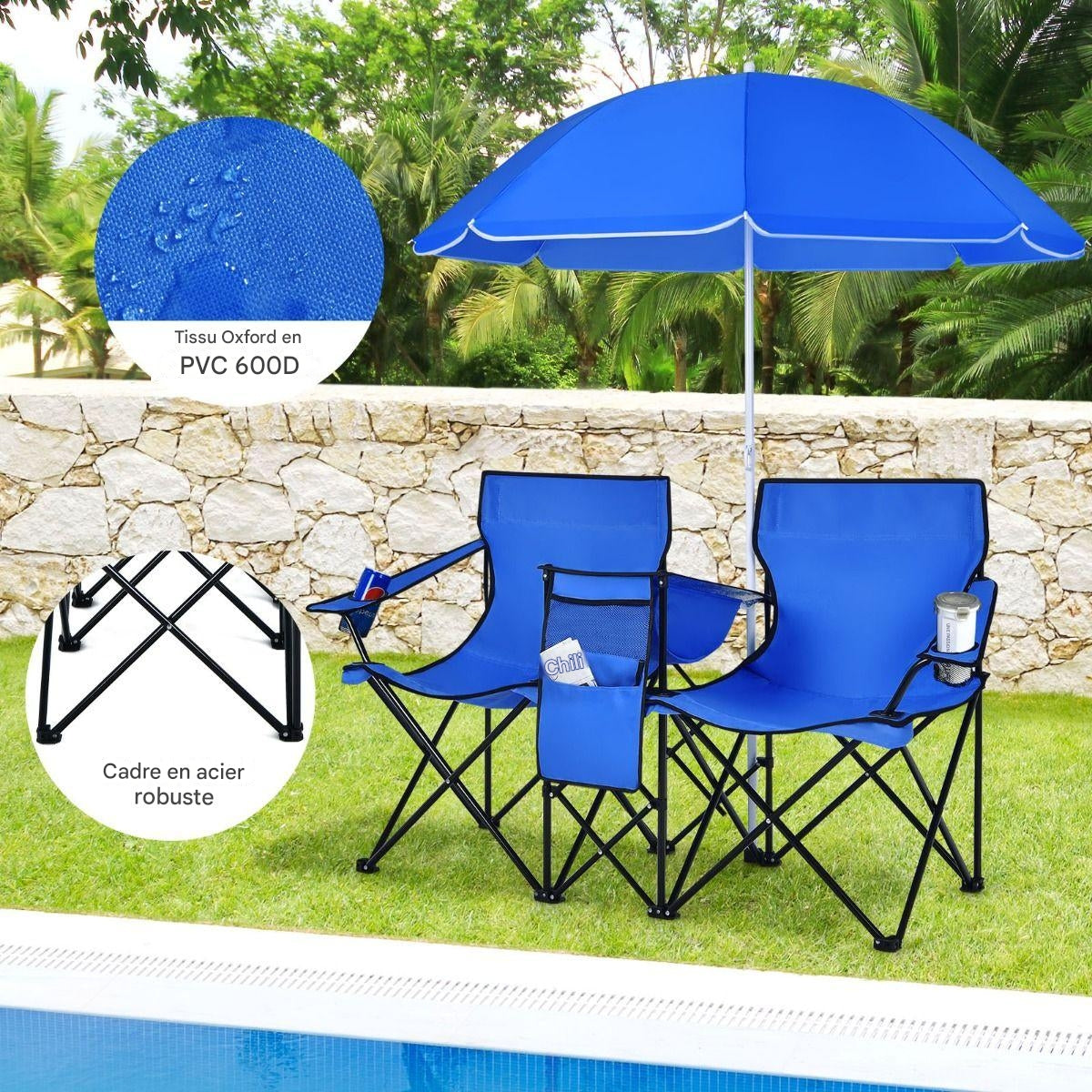 Chaise de camping double pliable Coast, avec parasol, porte-gobelet et sac isotherme, bleu