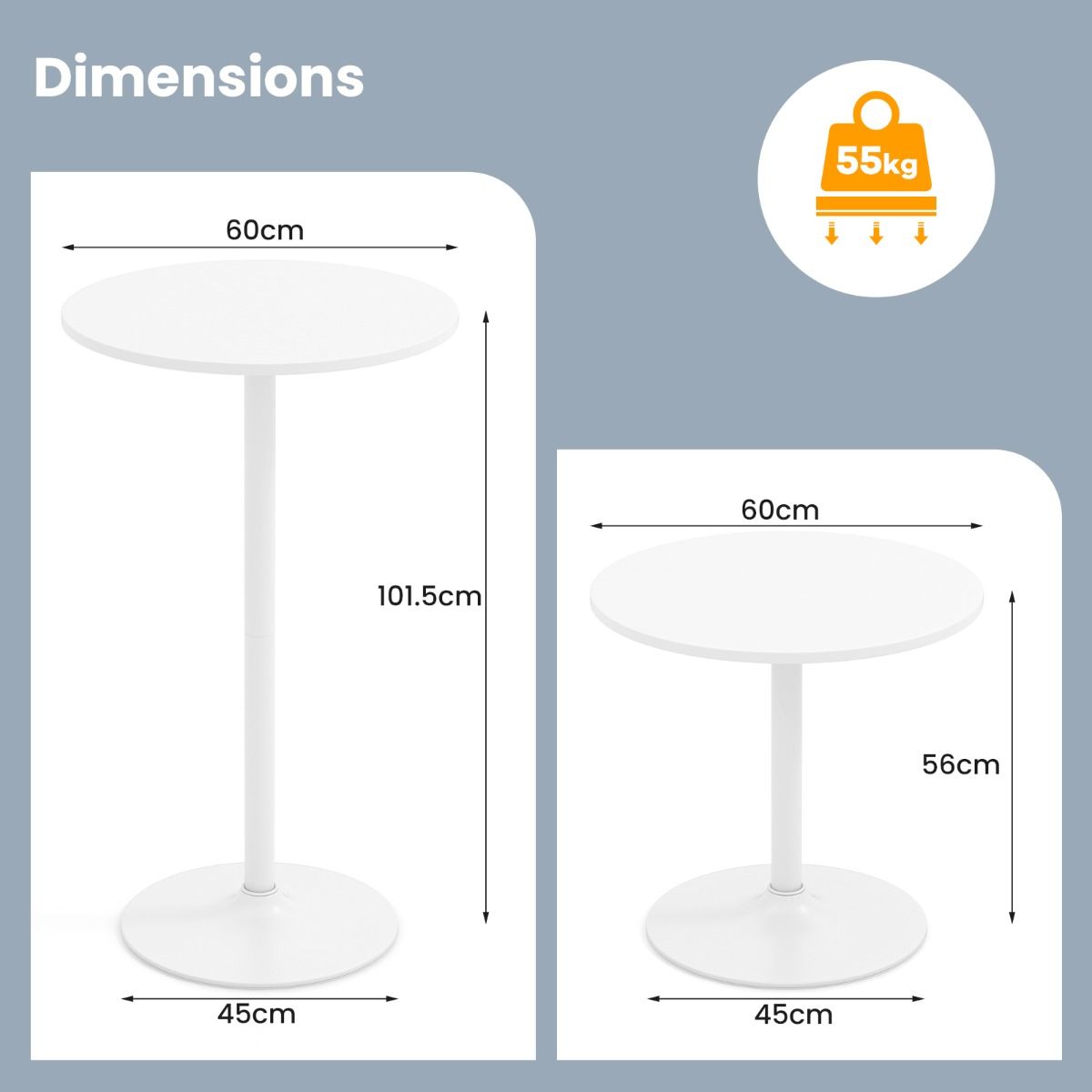 Table de bar et table à manger ronde Coast - Réglable en hauteur - 2-en-1 - Blanche - Lot de 2