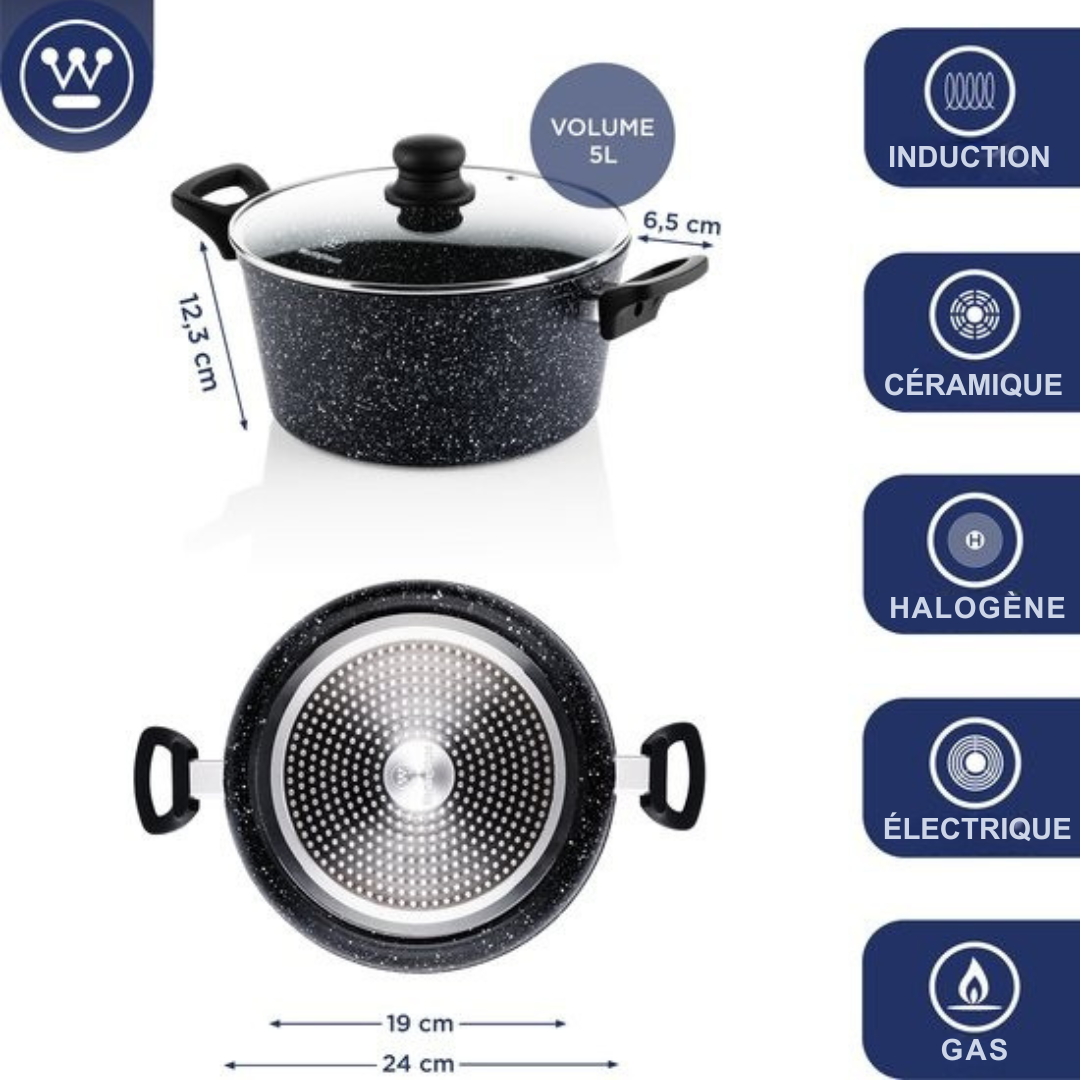 Casserole Westinghouse - Ø 24 cm - Induction - Sans PFOA - Couvercle inclus - Marbre noir