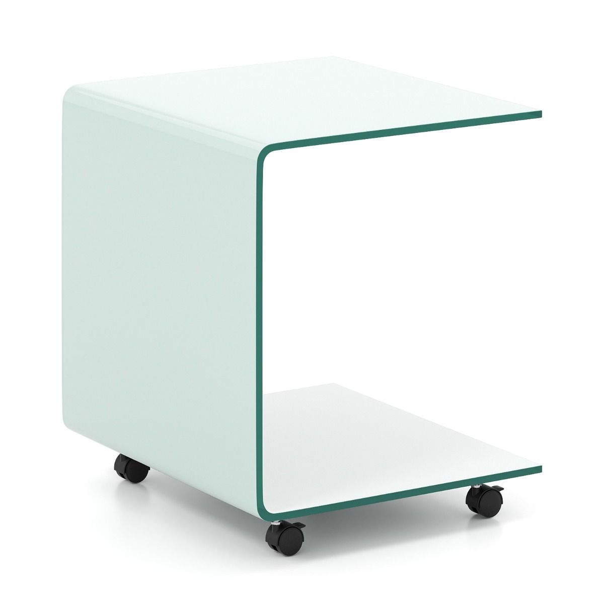 Table d'appoint Coast en forme de C - Blanche - 39,5 x 45 x 48 cm - Verre trempé - Avec roulettes verrouillables