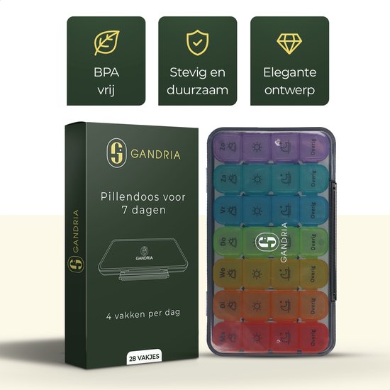 Boîte à pilules Gandria 7 jours - Boîte à pilules amovible - Boîte à médicaments avec 28 compartiments - Boîte à médicaments avec fermeture solide - 4 compartiments par jour