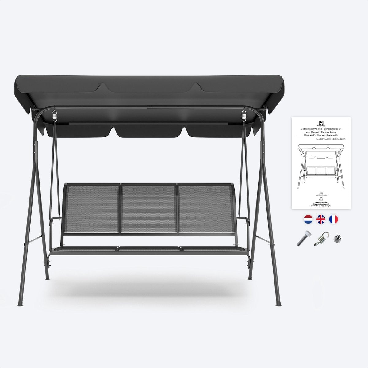 Balançoire LifeGoods - 3 places - jusqu'à 250KG - Toit inclinable - Parasol résistant aux UV - 172x104x162cm - Gris
