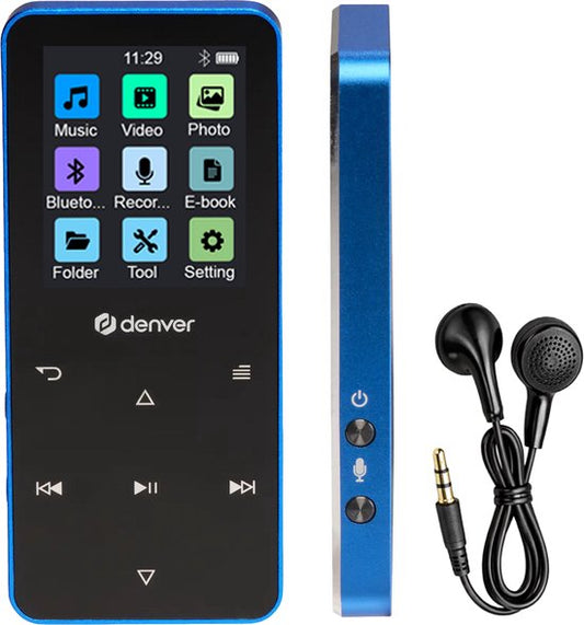 Lecteur MP3/MP4 Denver - Bluetooth - Lecture aléatoire/Répétition - Carte SD jusqu'à 128 Go - Écouteurs inclus - Dictaphone - MP1830BU - Bleu