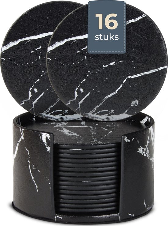 Castagnola Sous-verres en faux cuir - Sous-verres pour verres - Sous-verres design avec support - Sous-verres en cuir - Cuir - Lot de 16 - Aspect marbré - Noir/Blanc