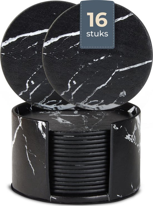 Castagnola Sous-verres en faux cuir - Sous-verres pour verres - Sous-verres design avec support - Sous-verres en cuir - Cuir - Lot de 16 - Aspect marbré - Noir/Blanc