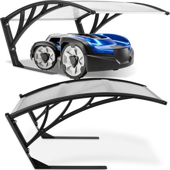 tectake® Abri pour tondeuse robot - Carport pour tondeuse à gazon - Abri pour station de recharge de tondeuse robot - Résistant aux intempéries - 81 x 100 x 48 cm - 4 piquets de fixation inclus - Transparent