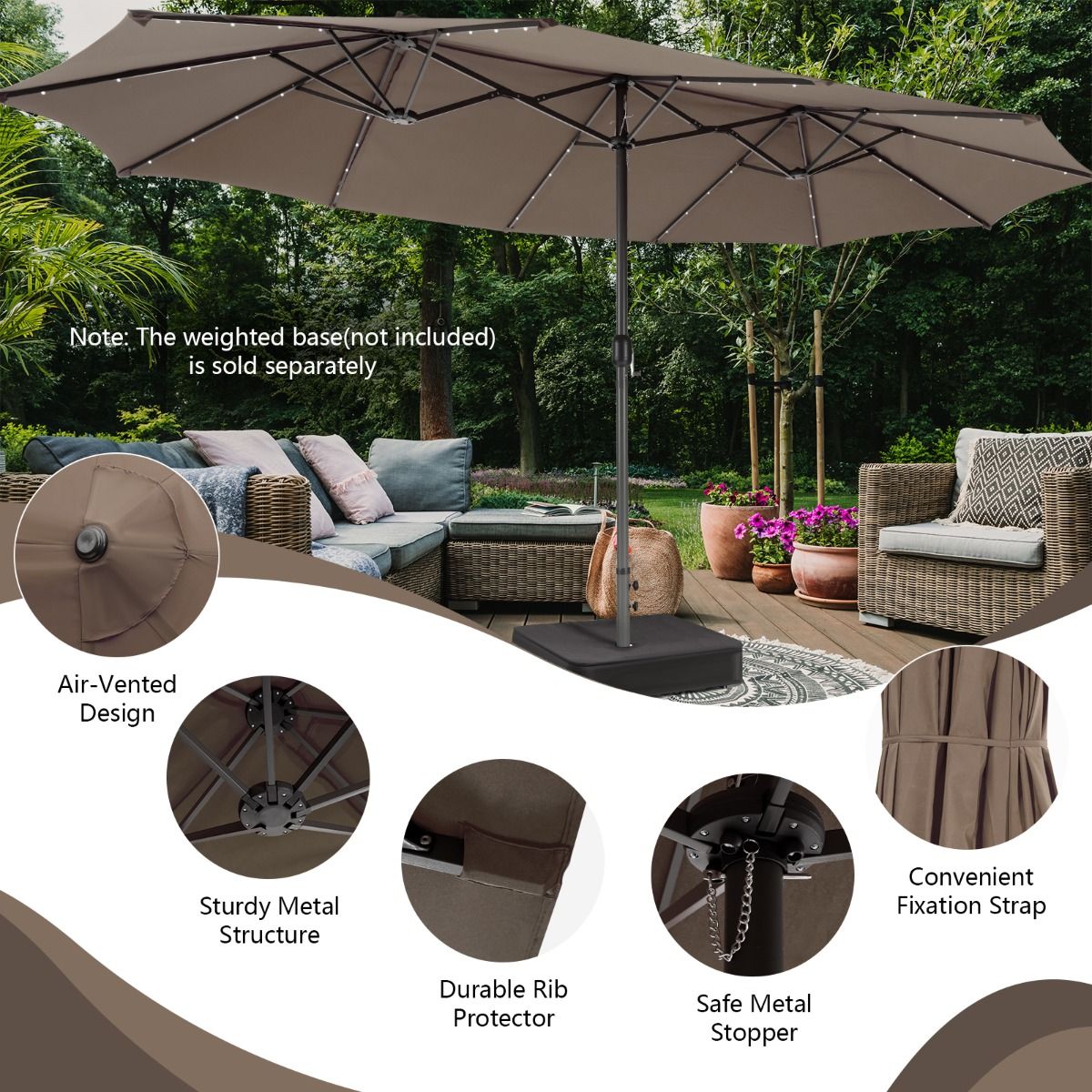 Parasol de terrasse double face Coast 470 x 280 cm - 48 LED avec panneau solaire - Système à manivelle - Marron