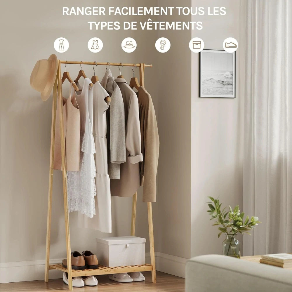Porte-vêtements eSituro 82 x 42 x 154,5 cm - Bambou - Étagère à chaussures - Naturel