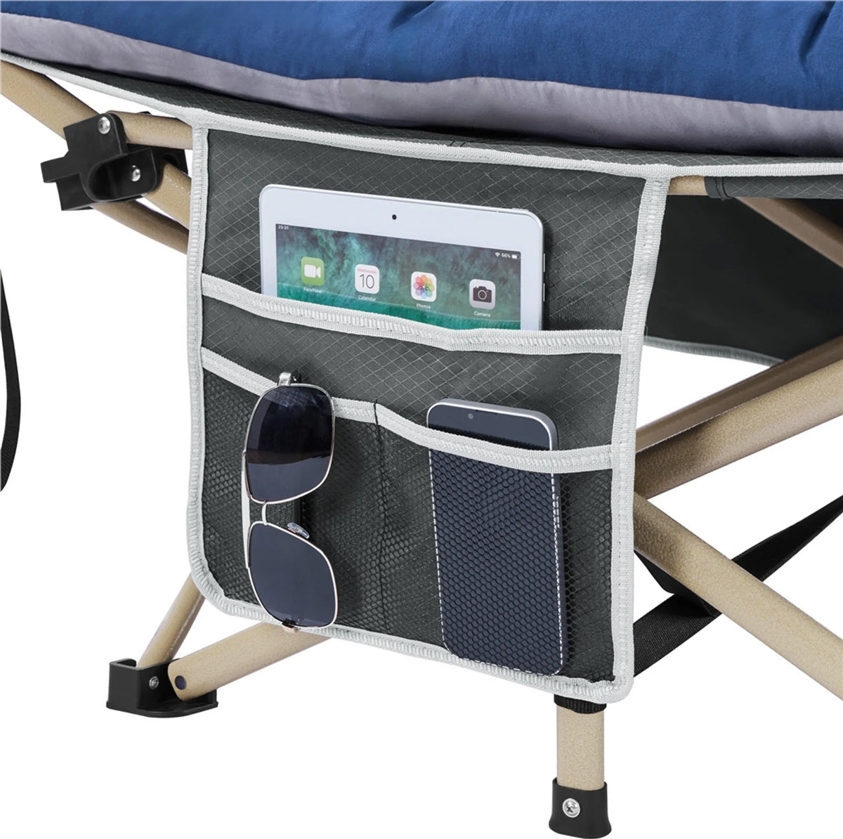 Yaheetech Lit de Camping Pliable 150 kg - Comprend un matelas souple et des compartiments latéraux ainsi qu'un sac de transport - Pour le camping et le bureau - Gris et Bleu 600D Oxford et Métal - 191 x 67 x 56 cm