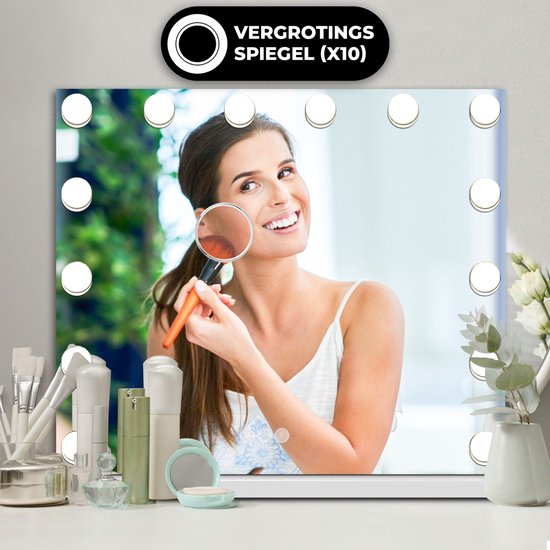 Bayt Hollywood Mirror with Lighting - Miroir de maquillage avec éclairage - Miroir avec éclairage - Dimmable - Grossissement 10x - 50x40cm - Blanc