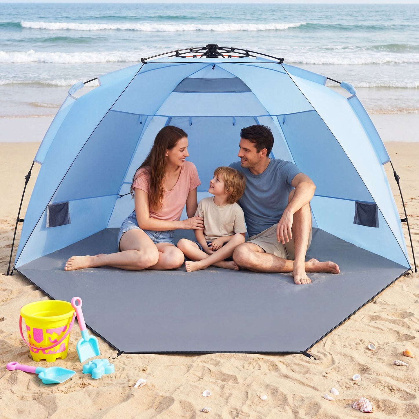 Tente de plage pop-up Coast pour 3-4 personnes - Gris/Bleu - 278 x 140 x 142 cm - Sac de transport, piquets et sacs de sable inclus