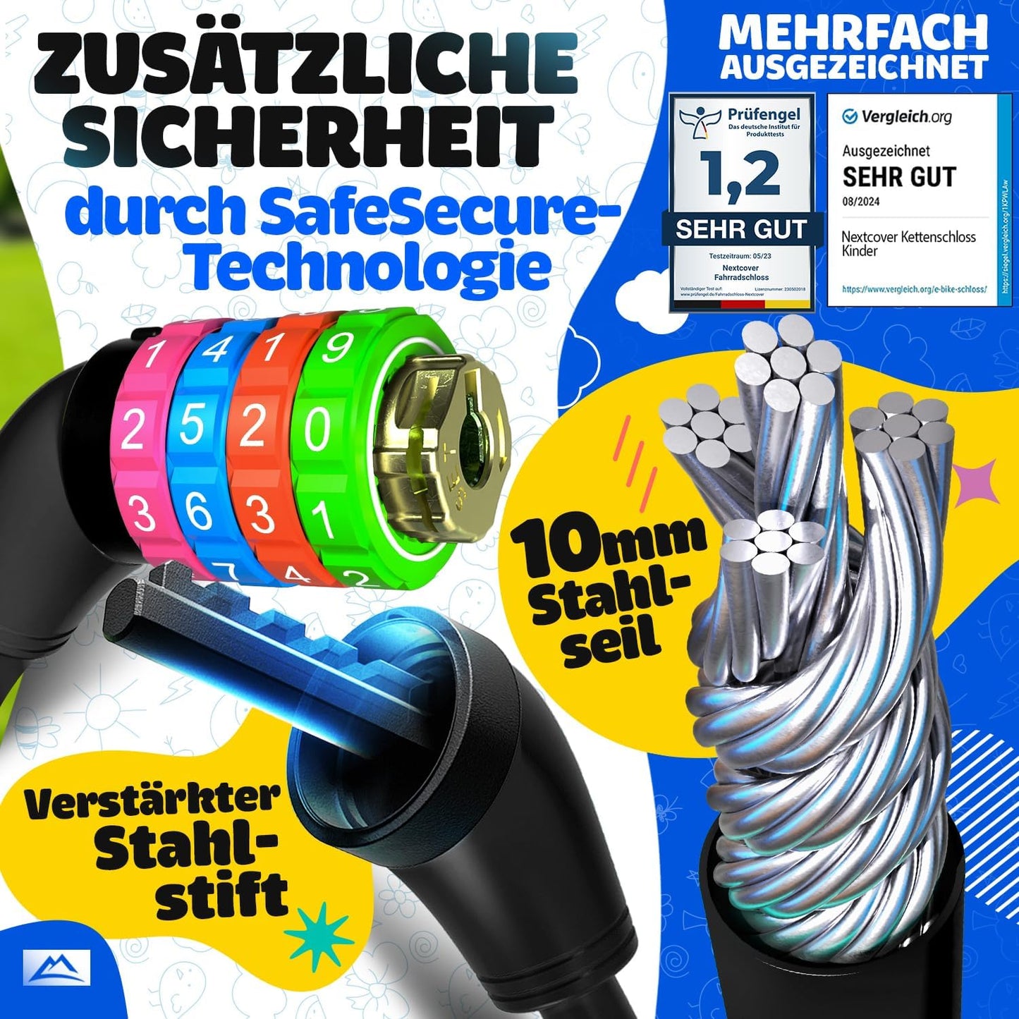 NEXTCOVER® Cadenas pour vélo d'enfant - Code numérique à 4 chiffres - Cadenas à combinaison pour vélo avec chiffres colorés - Cadenas pour scooter Extra robuste et sûr - Noir
