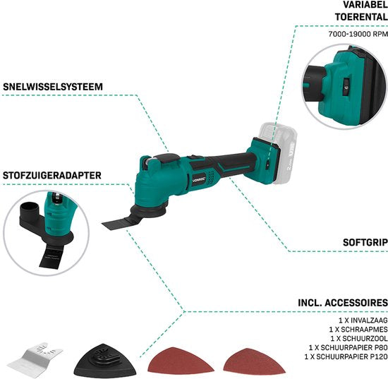 VONROC Accu Multitool 20V - avec lame de raclage, lame de scie circulaire, patin de ponçage et papier de verre - 6 vitesses : 7 000 - 19 000 tr/min - Batterie et chargeur non inclus
