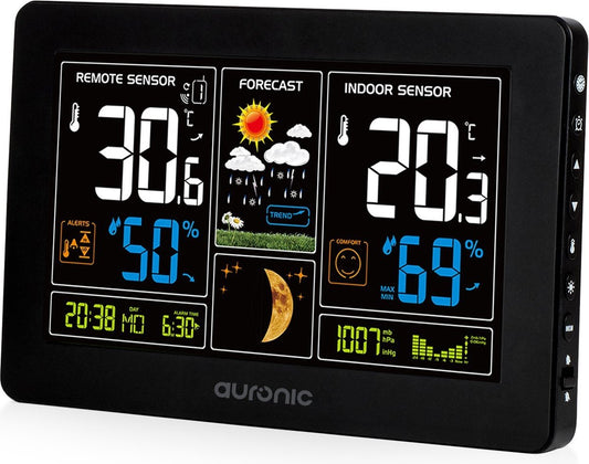 Station météo - Auronic - Sans fil - Intérieur et extérieur - avec capteur - Portée 60M - Noir