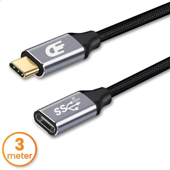 Drivv. Câble d'extension USB C 3.2 - mâle vers femelle - Charge rapide - Câble de données et de charge USB C - 3 mètres - Convient à Samsung, iPhone 15 et autres - Gris