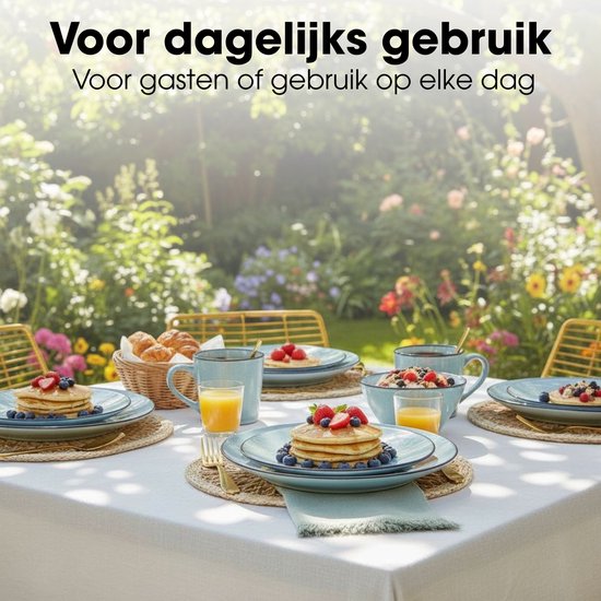 Service de table Mica Decorations Racco, 16 pièces - 4 couverts - Assiettes à petit-déjeuner, bols, tasses et assiettes à dîner - Service en grès - Service de table lavable au lave-vaisselle - Gris clair