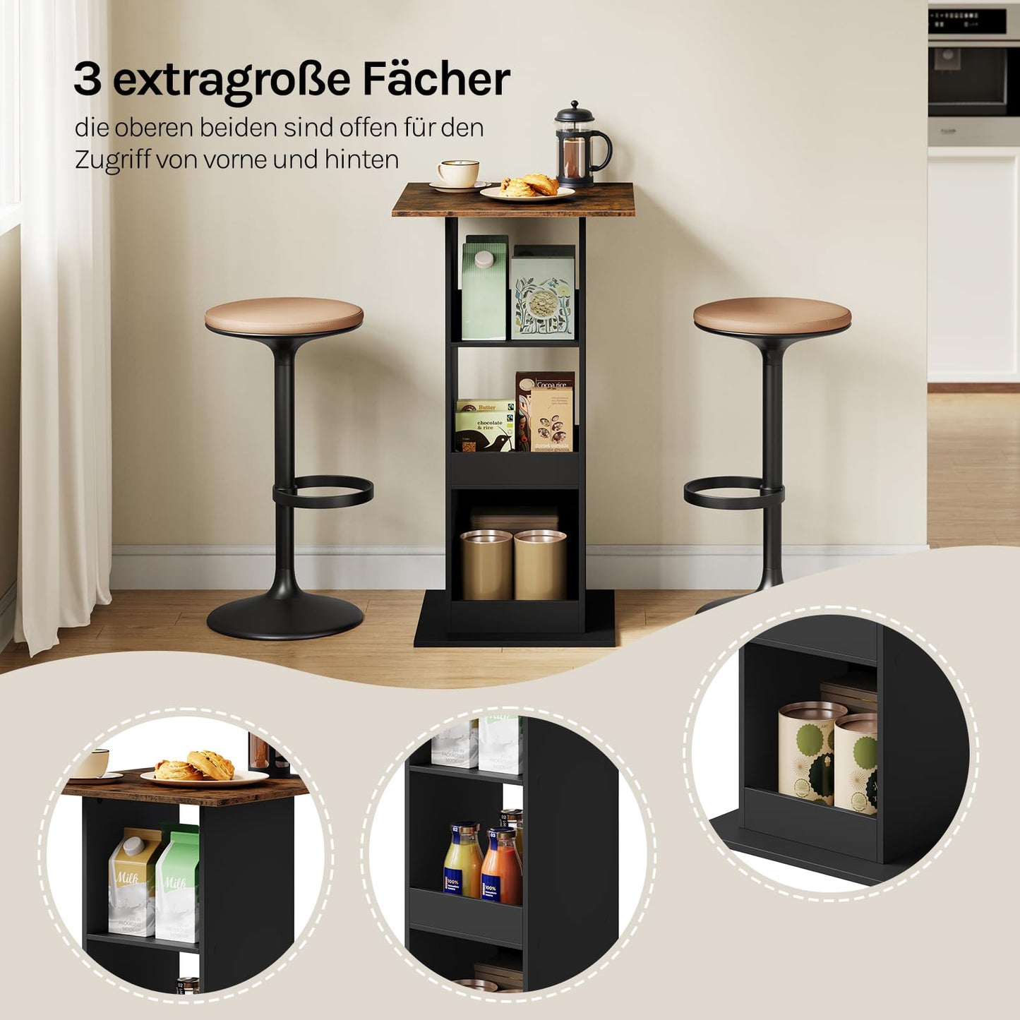 Table haute Woltu - 109 cm de hauteur - Rectangulaire - 3 étagères - Noir/Marron rustique