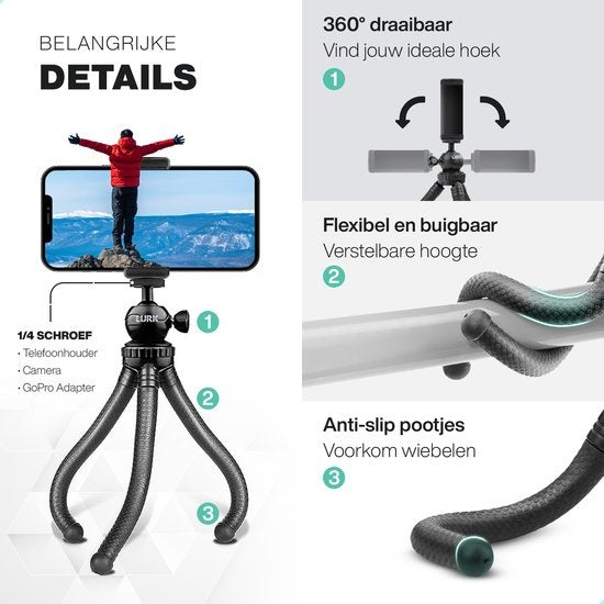 LURK® 3 en 1 trépied souple octopus pour smartphone & (action) caméra - Incl. pince pour téléphone et télécommande bluetooth - 25 cm
