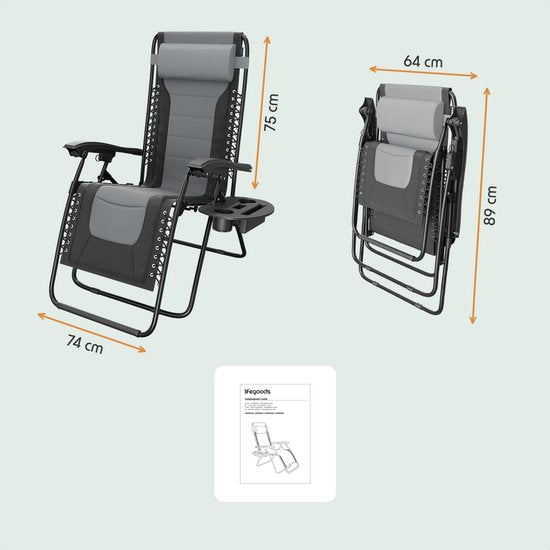 Chaise longue LifeGoods - Pliable - Inclinable de 30° à 90° - Charge max 150kg - Noir/gris