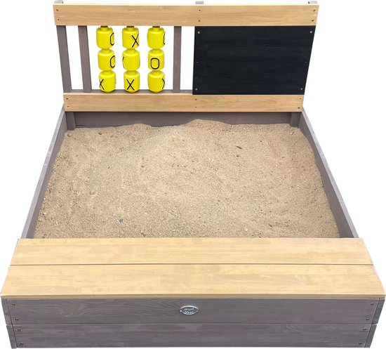 Bac à sable AXI Kitty « Beurre, fromage et œufs » gris/marron - Avec siège - Bâche de protection et toile de sol incluses - Bois certifié FSC