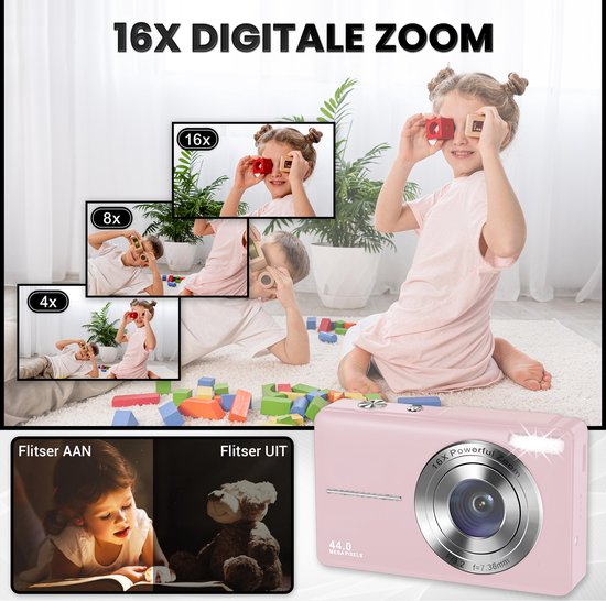 Appareil photo numérique K&L - Appareil photo - Appareil photo compact - Appareil photo pour vlog - Pour enfants - Avec carte mémoire de 32 Go - Rose