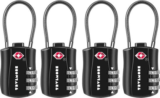 TRVLMORE Serrure de valise - Serrure de voyage TSA - Cadenas - 3 chiffres - 4 pièces - Noir