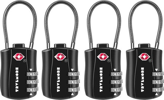 TRVLMORE Serrure de valise - Serrure de voyage TSA - Cadenas - 3 chiffres - 4 pièces - Noir