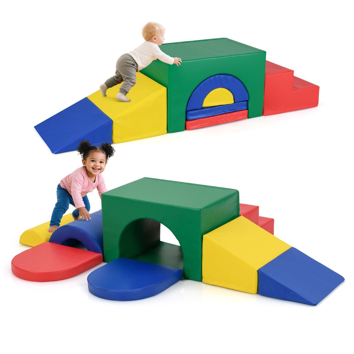 Coast 7-piece soft climbing block set for toddlers - colourful PU leather play gym with foam, 40×40×25 cm and 60×40×38 cm