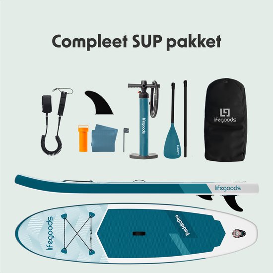 LifeGoods SUP Board All-round Compact - Capacité de charge 100 KG - 300 x 76 cm - Gonflable - Ensemble complet de SUP - Blanc/Aqua profond
