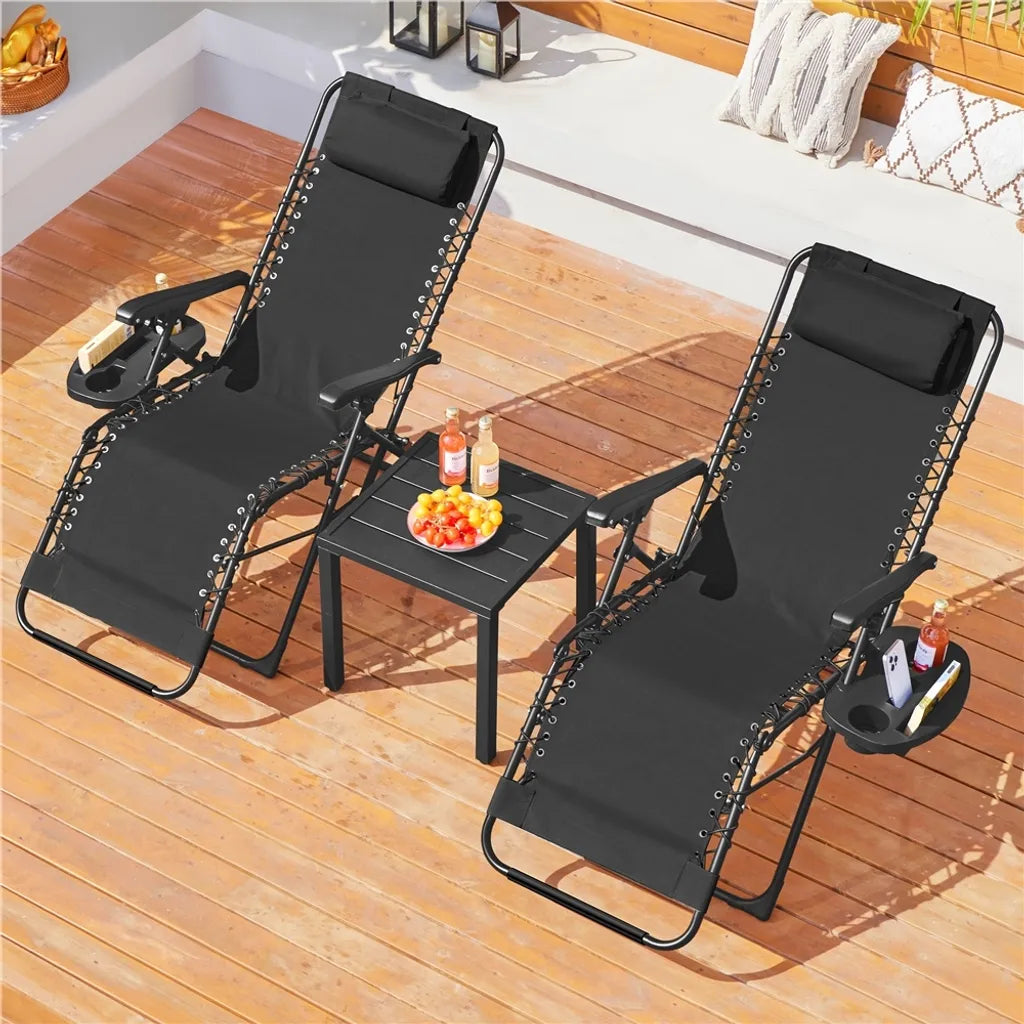 Yaheetech Lot de 2 chaises longues Zero Gravity - Noir - Chaises longues pliables avec oreiller et porte-gobelet