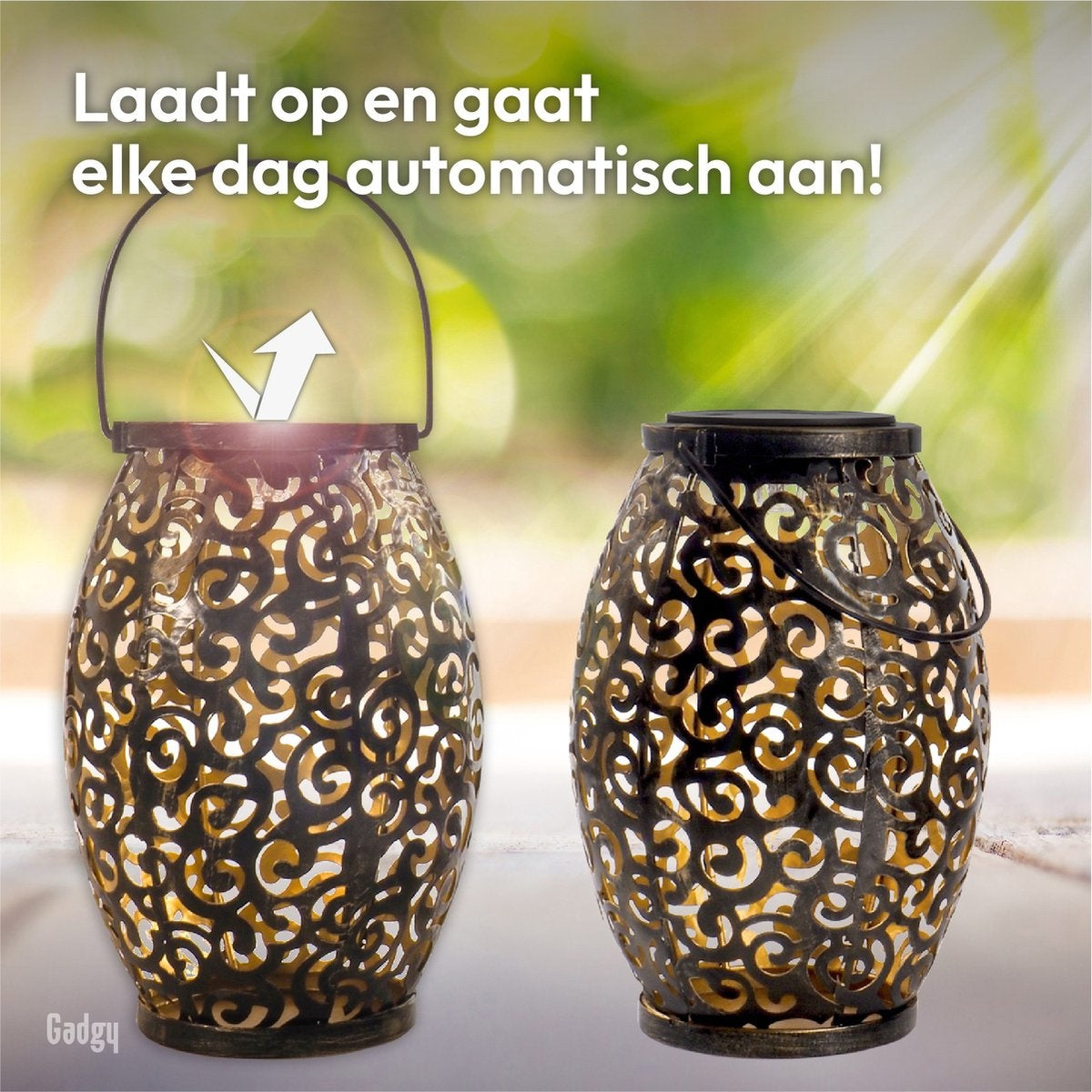 Gadgy Solar Oosterse Lantaarn - Tafellamp set van 2 – Solar Tuinverlichting op Zonneenergie – Led Buitenverlichting met Dag/Nacht Sensor - Hanglamp - Tuinlantaarn - 21.5 x Ø15CM - Brons - Metaal