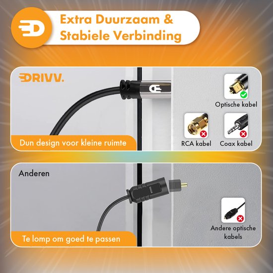 Drivv. Premium Toslink Optical Cable - Câble audio optique - Barre de son - Mâle vers Mâle - 2 mètres - Noir