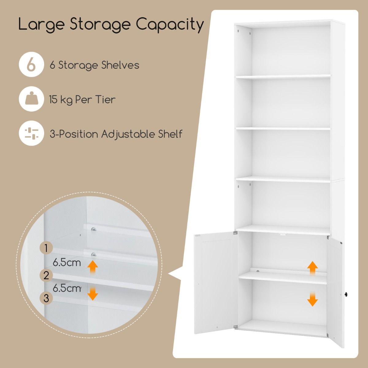 Bibliothèque autoportante Coast - 6 étagères - 2 portes - 60 x 24 x 180 cm - blanc