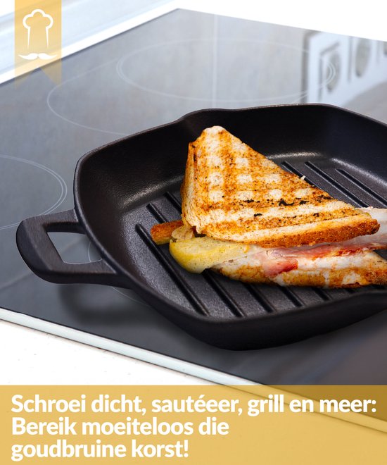 Poêle à griller en fonte Chefarone – 25,5 cm – Compatible induction, gaz, four et barbecue – Poêle à griller carrée à rainures – Sillons de cuisson parfaits et répartition optimale de la chaleur – Poêle avec poignée