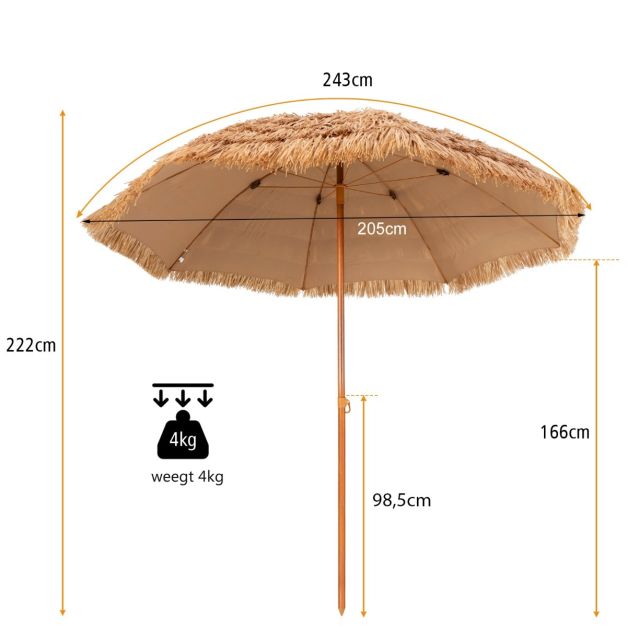 Coast Hawaiian Style Parasol en paille Ø285 cm - Design naturel avec 8 baleines en métal