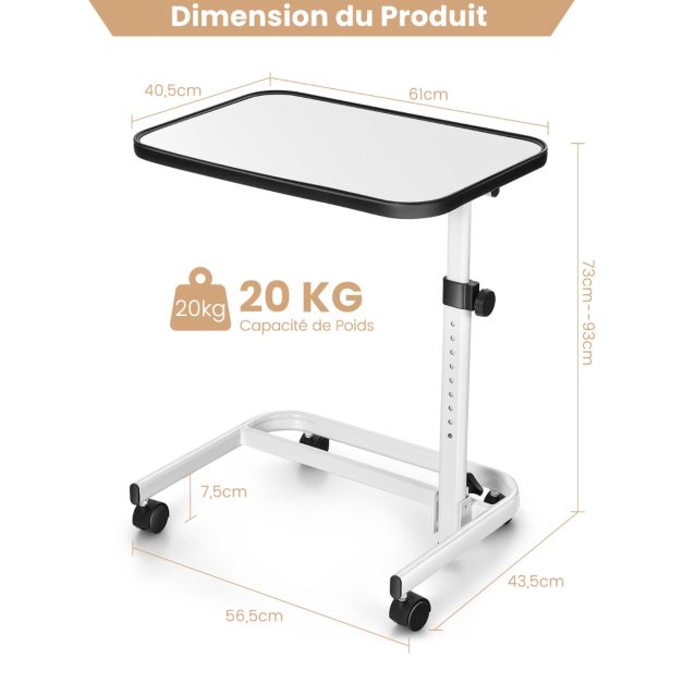 Table de lit Coast - réglable et inclinable - jusqu'à 20 kg - 61 x 43,5 x 73-93 cm - blanc