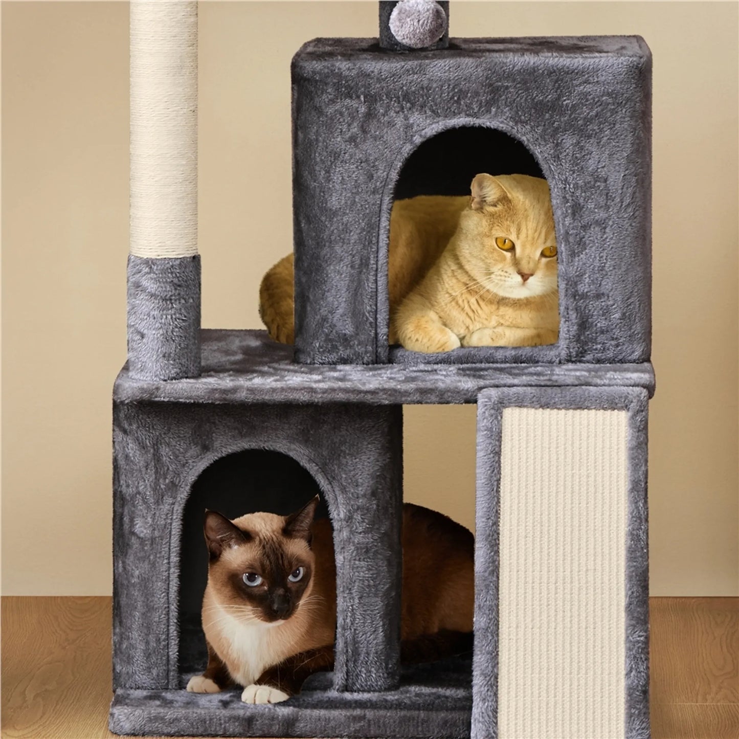 Yaheetech Cat Post With Two Cat Houses - Equipped With Viewing Platform And Scratching Board And Sisal Pole And Play Ball - For 1-2 Small To Medium Cats - Dark Grey Plush And Sisal - 60 x 45 x 106 cm