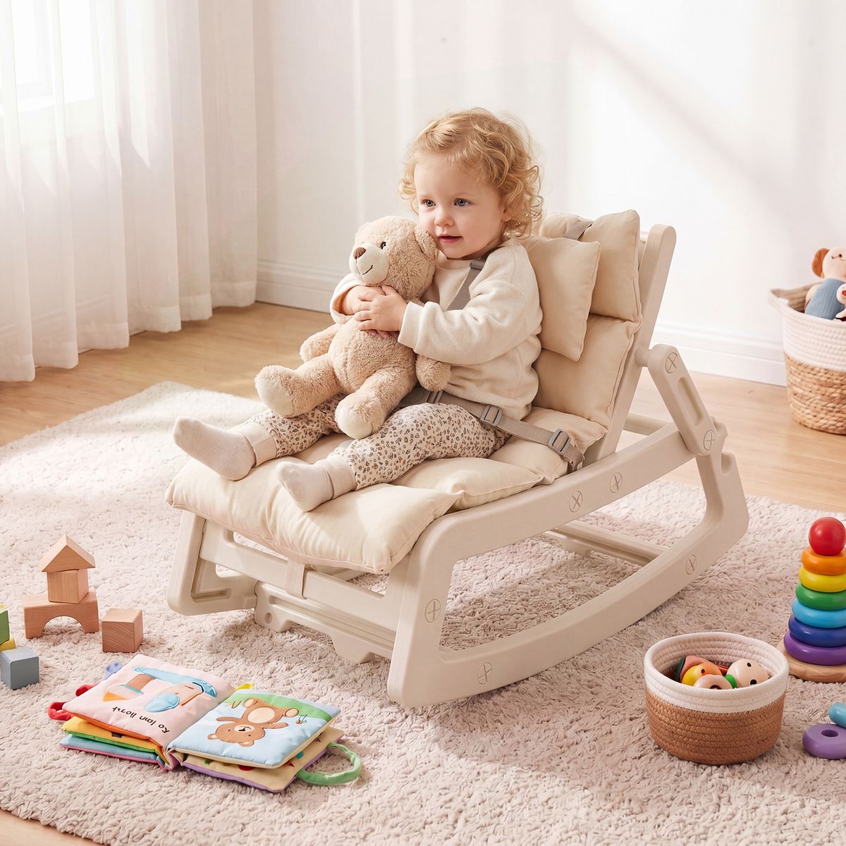 Fauteuil à bascule Coast 2-en-1 pour enfants - dossier réglable - coussin d'assise lavable - beige