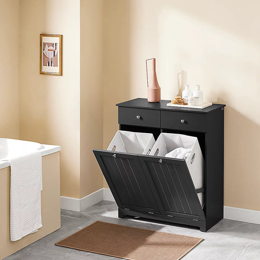 Armoire de salle de bains indépendante SoBuy avec panier à linge – Équipée de deux sacs à linge amovibles, de deux tiroirs et de quatre patins en silicone – Pour la salle de bains et la buanderie – MDF noir et tissu – 78 x 39 x 91 cm