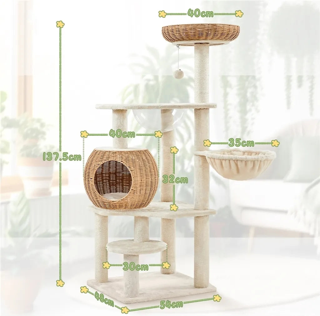 Yaheetech Arbre à chat 137,5 cm en rotin avec maison pour chat, beige