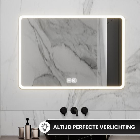 Bayt Miroir de salle de bain - Miroir de salle de bain avec éclairage - Miroir mural - 3 positions LED - Anti-buée - 75x52 cm