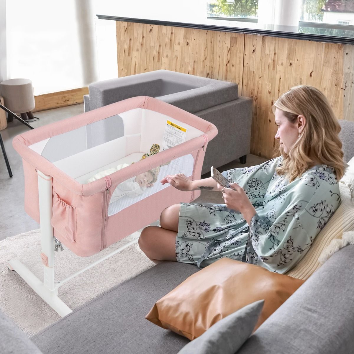 Berceau 3-en-1 Coast - 86x63x65-81 cm - Rose - Ajustable, inclinable et portable avec matelas, sac de rangement et sac de voyage