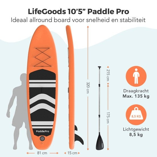 LifeGoods - SUP Board & Inflatable Paddle Board - 320x81 cm - Orange PVC - Stable et polyvalent - Kit complet - Poids maximum 135 kg