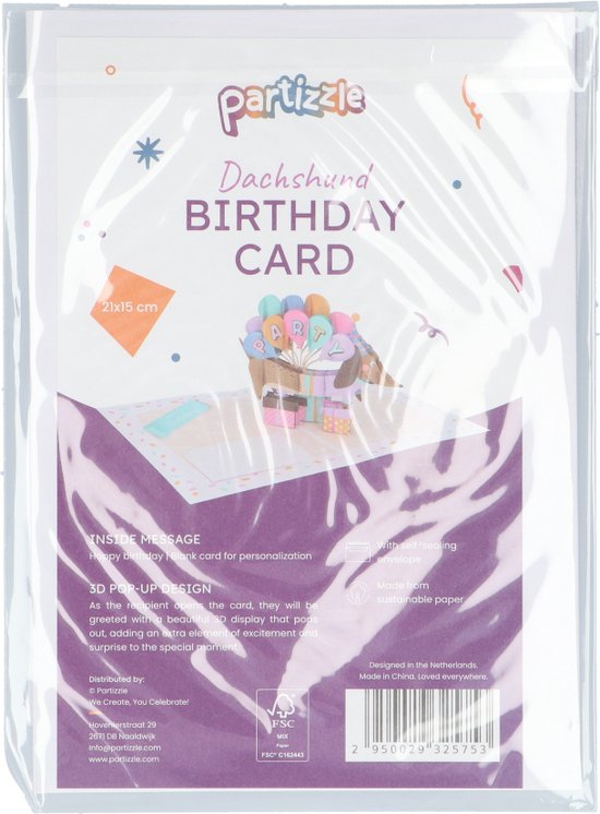 Partizzle, 1 carte d'anniversaire pop-up 3D « Teckel » avec enveloppe - Cartes d'anniversaire - Cartes pop-up - Adultes et enfants - 15 x 21 cm