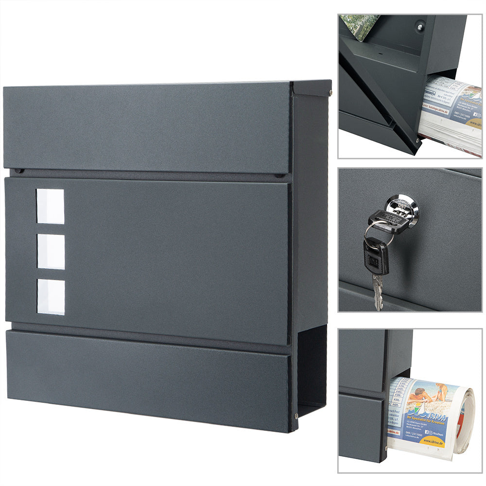 Boîte aux lettres design anthracite avec compartiment à journaux et fenêtres transparentes