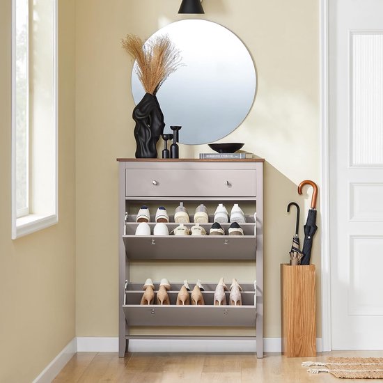SoBuy FSR89-KA Armoire à chaussures avec 2 volets et un grand tiroir - Tiroir de rangement pour 12 paires de chaussures pour l'entrée, le couloir - Rangement pour chaussures marron clair, 80×25×108cm