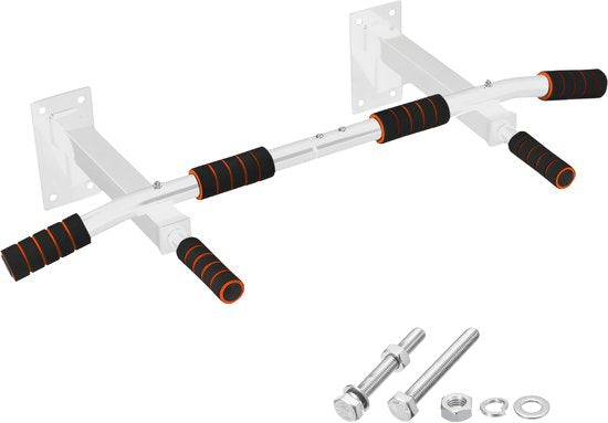 TTD® Premium Pull Up Bar - Pull Up Station - Wall Mount Pull Up Bar - Dip Station - Dip Bars - Home Sports - Home Fitness - Premium materials - Extra sturdy mounting parts - Home workout - White/Orange