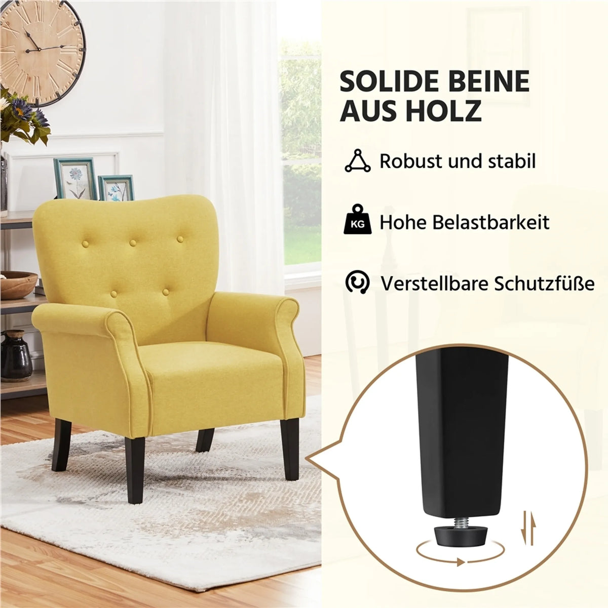 Fauteuil de salon Yaheetech avec pieds en bois - 74 x 72 x 94 cm - Jaune