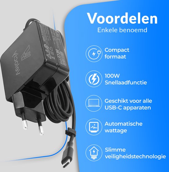 Velociy® Chargeur USB-C 100W - Adaptateur USB-C - Chargeur USBC adapté à Samsung - Universel incluant ordinateurs portables, tablettes, téléphones et hubs USB-C - Compact - Version 2024